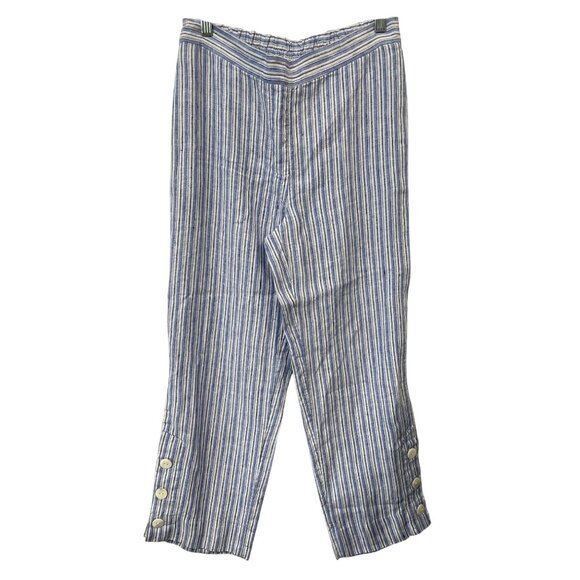 Chicos Pants Size Medium Striped Linen Elastic Waist Straight Blue White Coastal - Picture 1 of 7